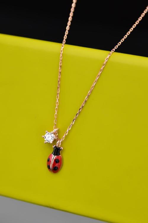 925 Ayar Gümüş Rose Kaplama Tektaş Uğur Böceği Kolye