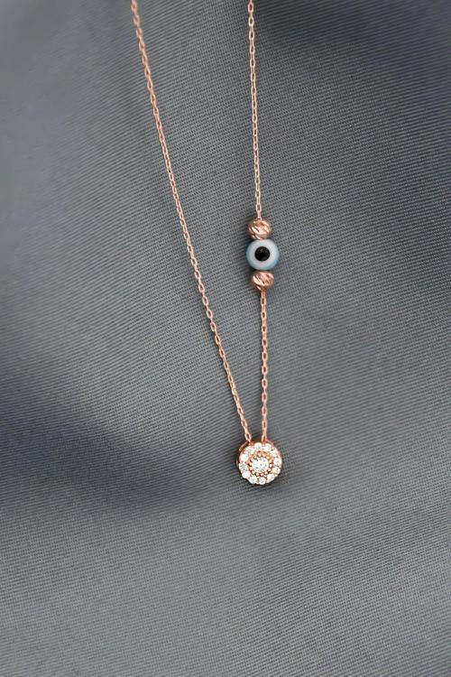 925 Ayar Gümüş Rose Kaplama Nazar Gözlü Dorika Toplu Tektaş Kolye