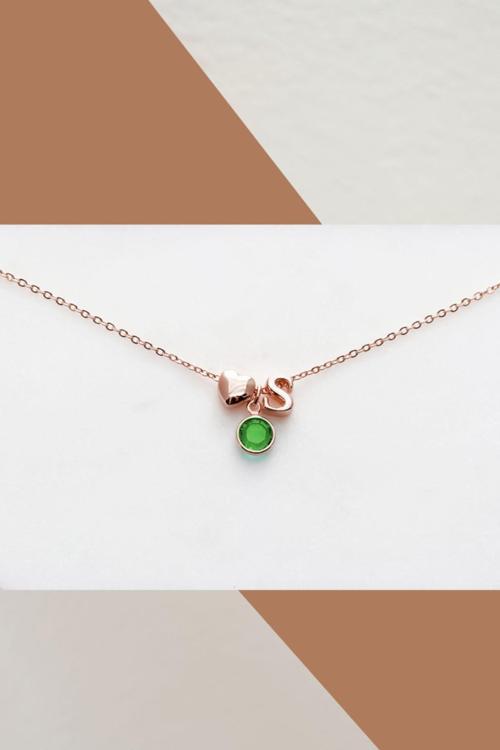 925 Ayar Gümüş Rose Mini Üç Boyutlu S Harfi Kalp Doğum Taşlı Kolye
