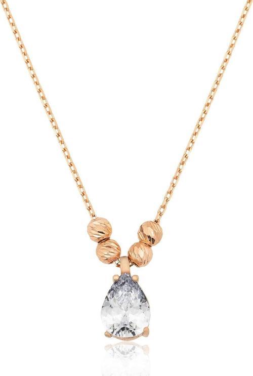 Nano Zirkon Damla Kolye Kenarları Çift Dorica Toplu Rose Altın Kaplama 925 Ayar Gümüş - Uvps100115