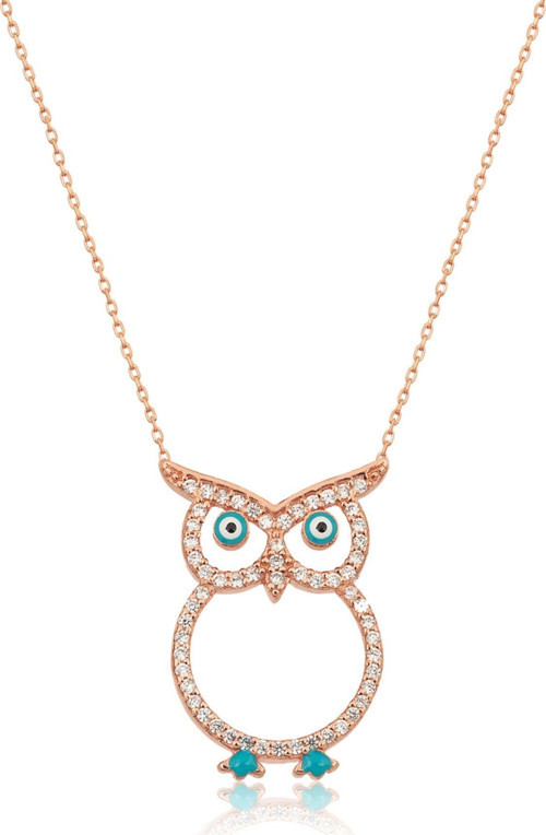 Baykuş Kolye - Nazar Göz Mineli Rose Gold Kaplama 925 Ayar Gümüş - Uvps100186