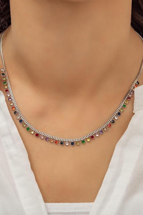 Kadın Kolyesi 925 Ayar Gümüş Mix Renkli Taşlı