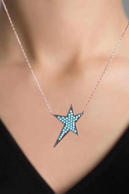 Kadın Mavi Taşlı Yıldız Model Rose Kaplama 925 Ayar Gümüş Kolye