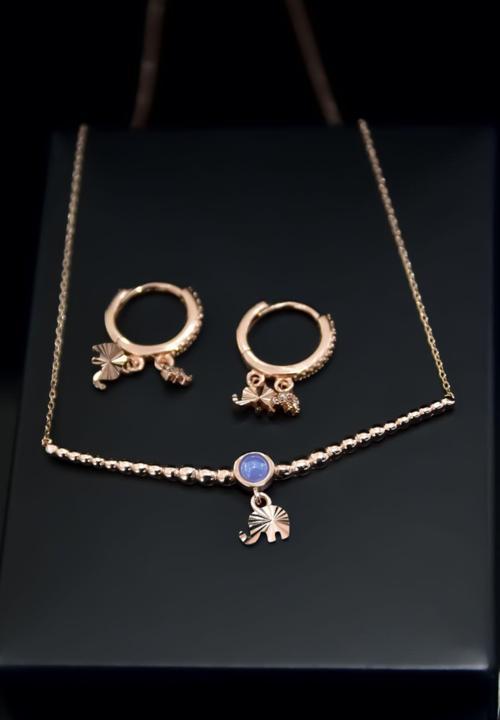 925 Ayar Gümüş Rose Kaplama Top Motifli Mor Ay Taşı Fil Kolye Ve Küpe Set