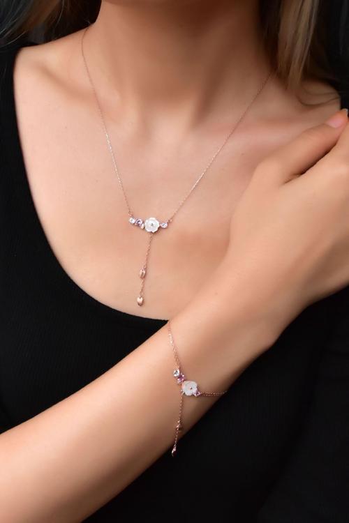 925 Ayar Gümüş Rose Kaplama Zincir Sallantılı Taşlı Sedef Manolya Çiçeği Kolye Ve Bileklik Set