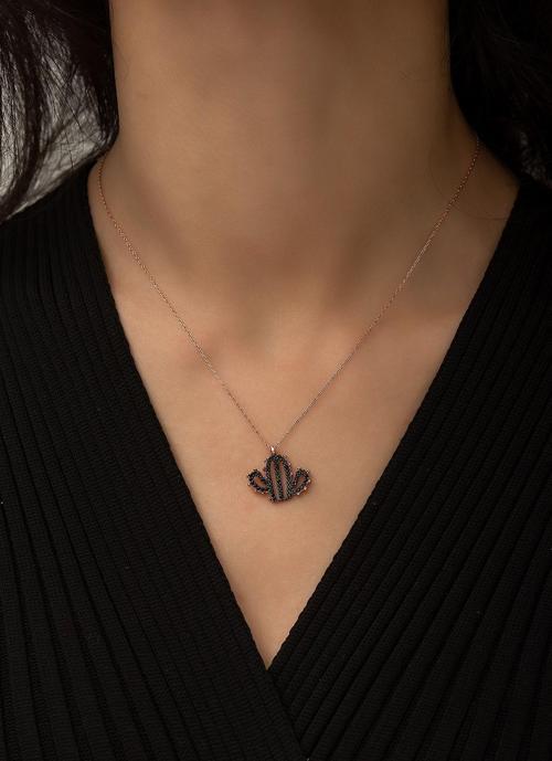 Kaktüs Kolye Siyah Nano Zikon Taşlı Rose Gold Kaplama 925 Ayar Gümüş Kolye