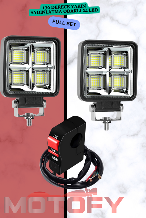 64 LEDLİ ALÜMİNYUM SOĞUTUCULU GÖVDE SU GEÇİRMEZ  MOTOSİKLET SİS FARI TAKIMI + USB'Lİ BUTON