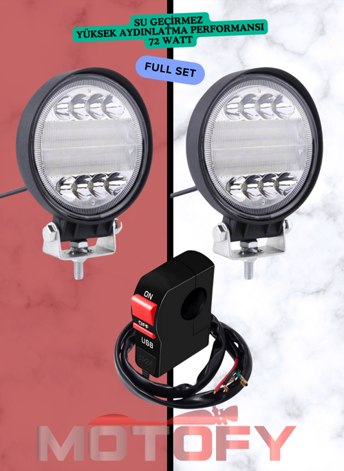 72 WATT YUVARLAK SU GEÇİRMEZ LED MOTOSİKLET SİS FARI TAKIMI + USB'Lİ BUTON