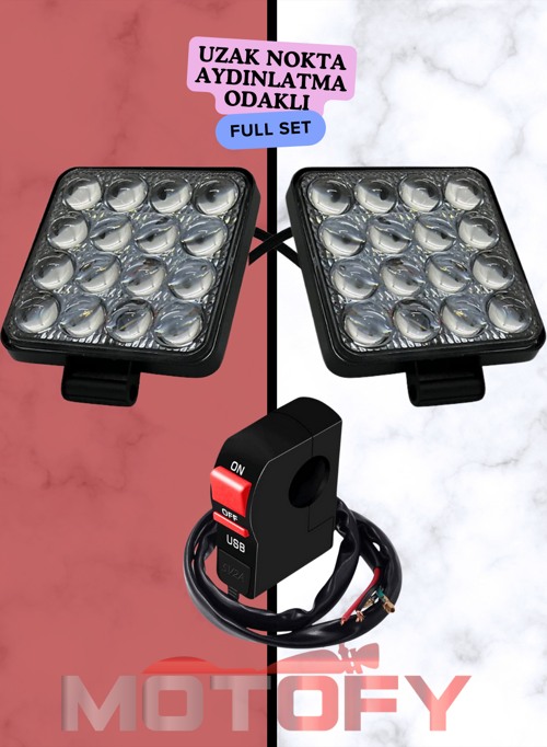 UZAK AYDINLATMA ODAKLI MERCEKLİ 16 LEDLİ MOTOSİKLET SİS FARI TAKIMI + USB'Lİ BUTON 48+48 - 96 WATT