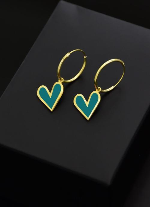 925 Ayar Gümüş Altın Kaplama Petrol Yeşili Mineli Kalp Halka Küpe