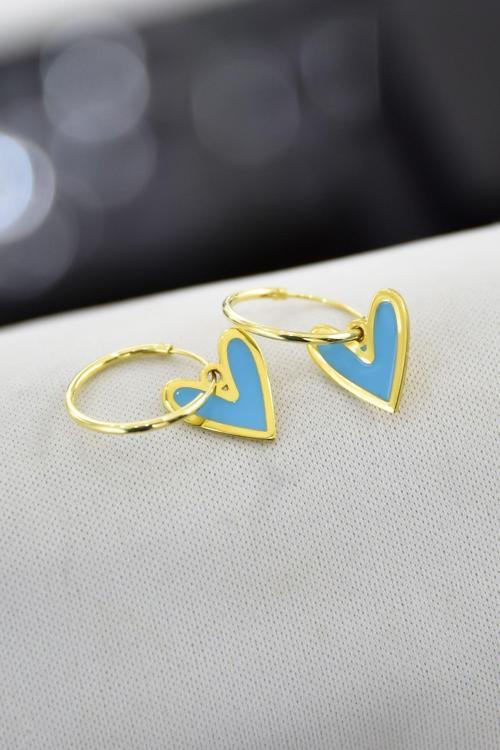 925 Ayar Gümüş Altın Kaplama Açık Mavi Mineli Kalp Halka Küpe