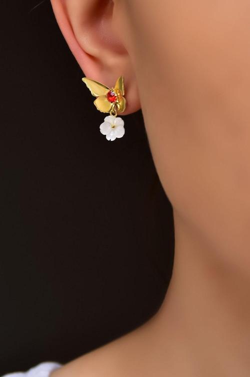 925 Ayar Gümüş Gold Kaplama Temmuz Ayı Doğum Taşlı Kelebek , Sedef Manolya Çiçeği Küpe