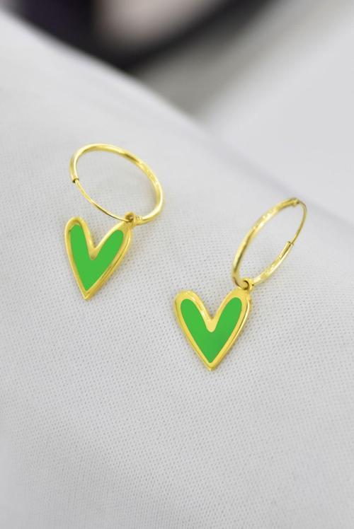 925 Ayar Gümüş Altın Kaplama Yeşil Mineli Kalp Halka Küpe