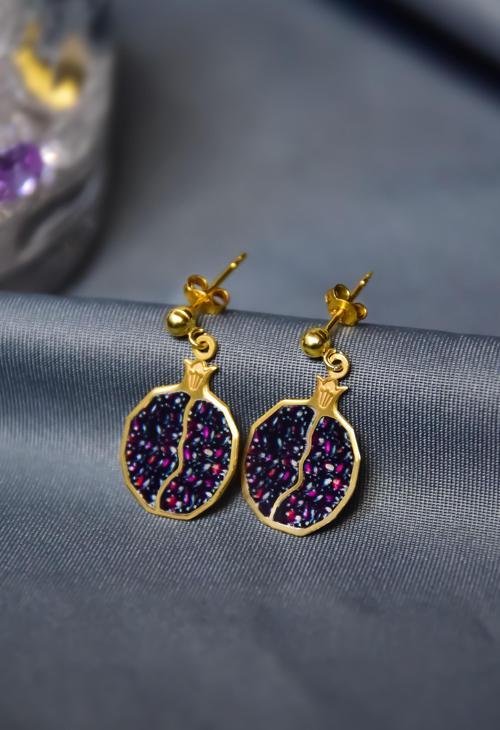 925 Ayar Gümüş Altın Kaplama Bereket Tılsımı Nar Tanesi Çivili Küpe