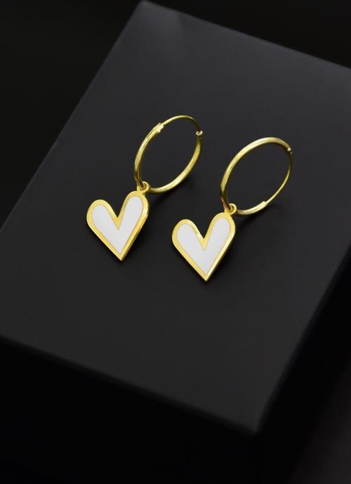 925 Ayar Gümüş Altın Kaplama Beyaz Mineli Kalp Halka Küpe