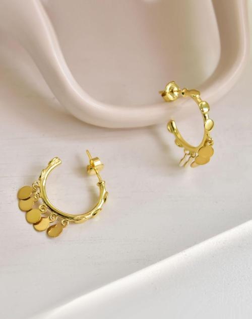 925 Ayar Gümüş Gold Kaplama Yuvarlak Pullu Sallantılı Shakira Tasarım Halka Küpe