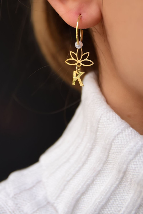925 Ayar Gümüş Gold Kaplama Incili Harf Lotus Halka Küpe