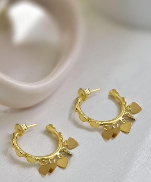 925 Ayar Gümüş Gold Kaplama Kalp Pullu Sallantılı Shakira Tasarım Halka Küpe