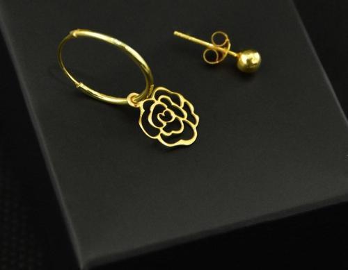 925 Ayar Gümüş Altın Kaplama Gül Figürlü Halka Ve Top Küpe