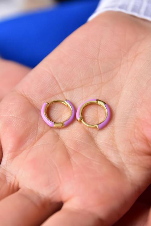 925 Ayar Gümüş Gold Kaplama Lila Mineli Halka Küpe