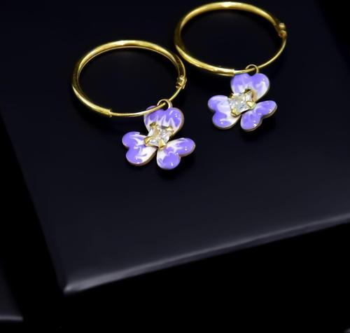 925 Ayar Gümüş Gold Kaplama Zirkon Taşlı Lila Mineli Frezya Çiçeği Halka Küpe