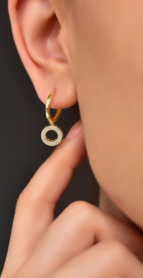 925 Ayar Gümüş Gold Kaplama Zirkon Taşlı Yuvarlak Halka Küpe