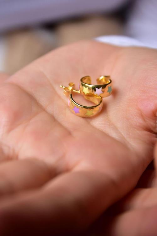 925 Ayar Gümüş Gold Kaplama Renkli Mineli Yıldız Halka Küpe