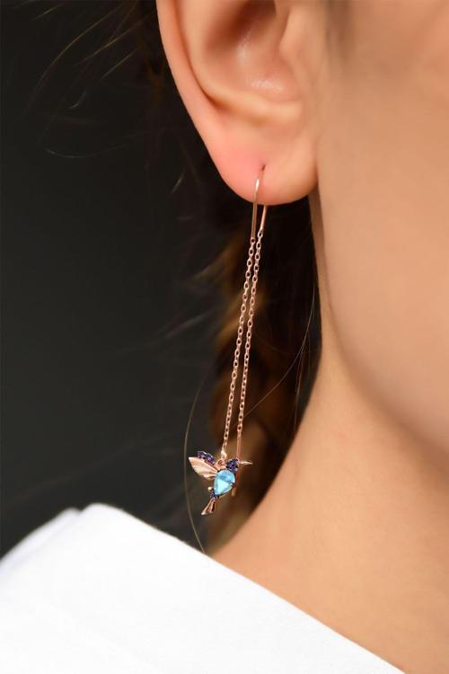 925 Ayar Gümüş Rose Kaplama Akua Mor Taşlı Zincir Kuş Küpe