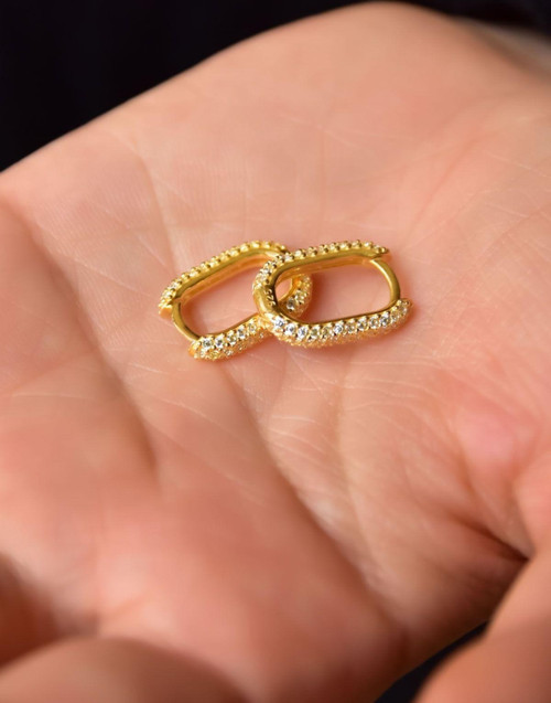 925 Ayar Gümüş Gold Kaplama Tamtur Zirkon Taşlı Dikdörtgen Halka Küpe