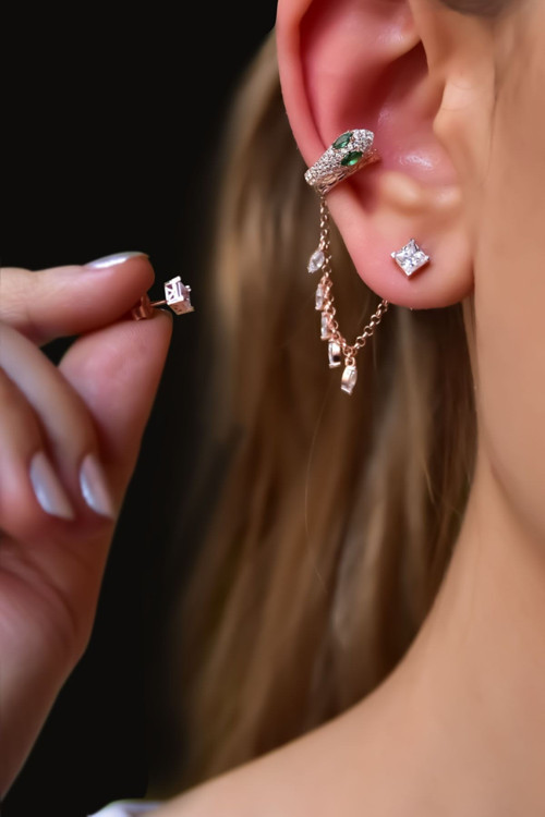 925 Ayar Gümüş Rose Kaplama Ear Cuff Chain Snake Küpe
