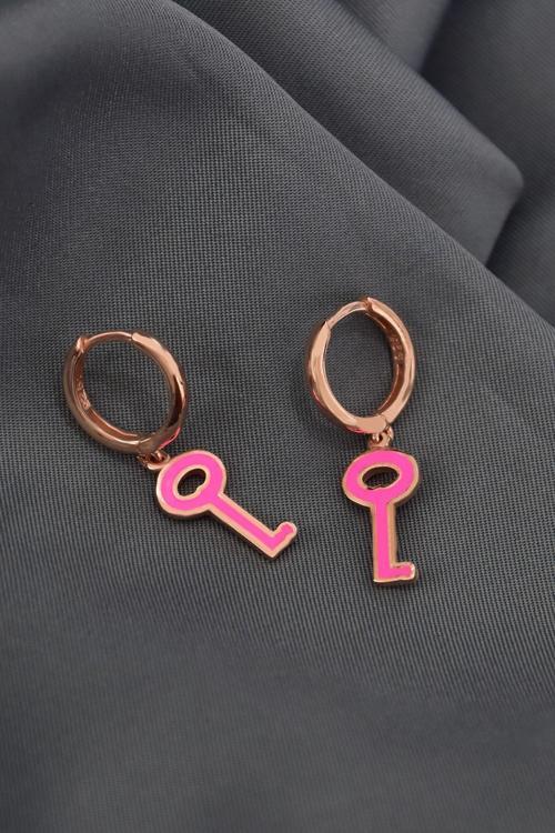 925 Ayar Gümüş Rose Kaplama Pembe Mineli Anahtar Halka Küpe