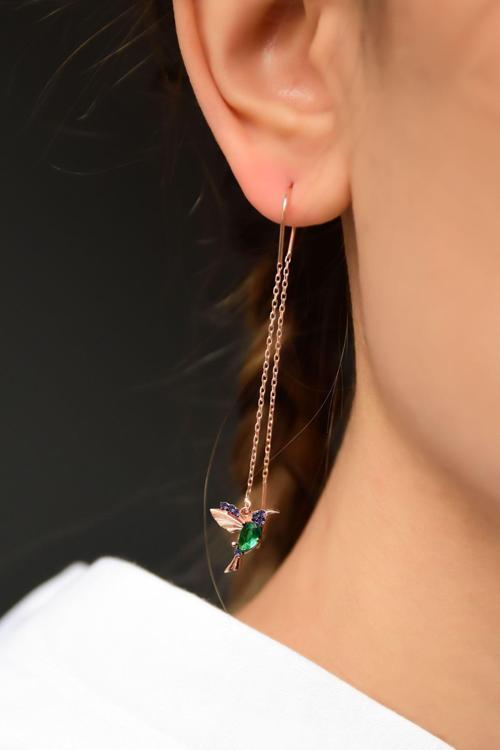 925 Ayar Gümüş Rose Kaplama Yeşil Mor Taşlı Zincir Kuş Küpe