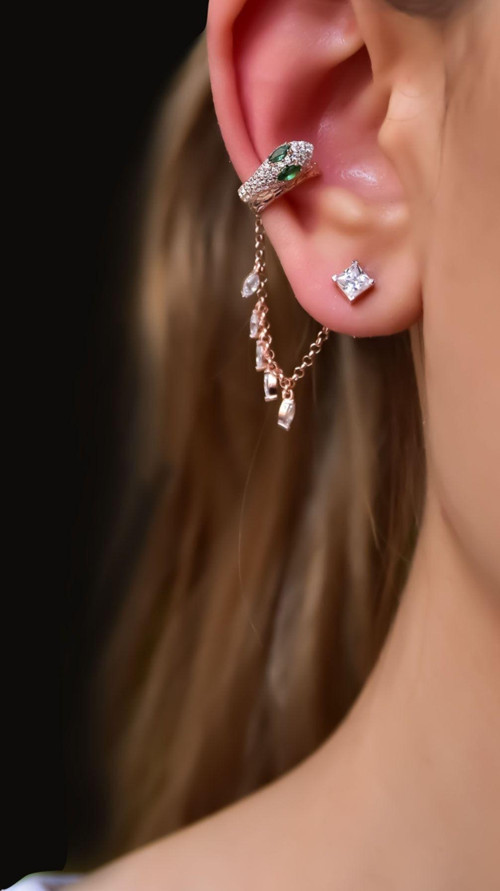 925 Ayar Gümüş Rose Kaplama Tekli Ear Cuff Chain Snake Küpe