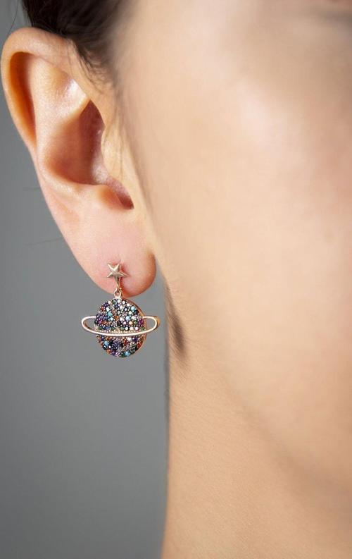 925 Ayar Renkli Taşlı Gümüş Gezegen Küpe