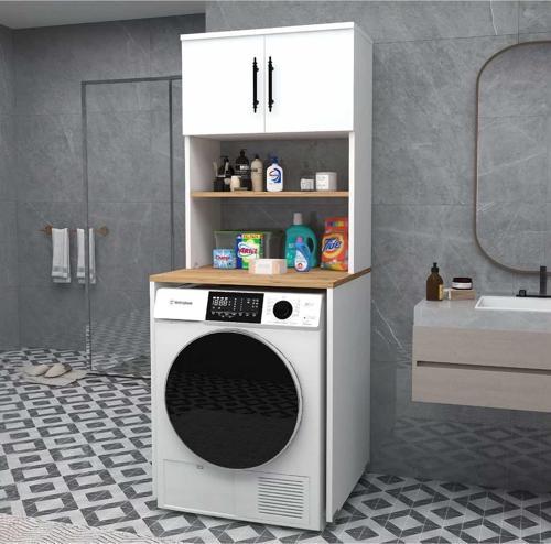 Home Enda Çamaşır Makinesi Dolabı 3 Raflı Kapaklı Banyo Dolabı Atlantik Çam - Beyaz