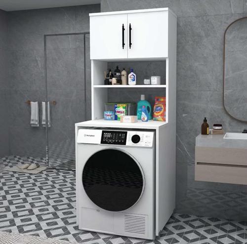 Home Enda Çamaşır Makinesi Dolabı 3 Raflı Kapaklı Banyo Dolabı Mat Beyaz