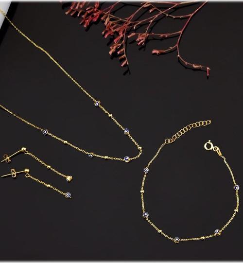 925 Ayar Gümüş Gold Kaplama Top Zincir Sallantılı Nazar Göz Kolye, Bileklik Ve Küpe Set