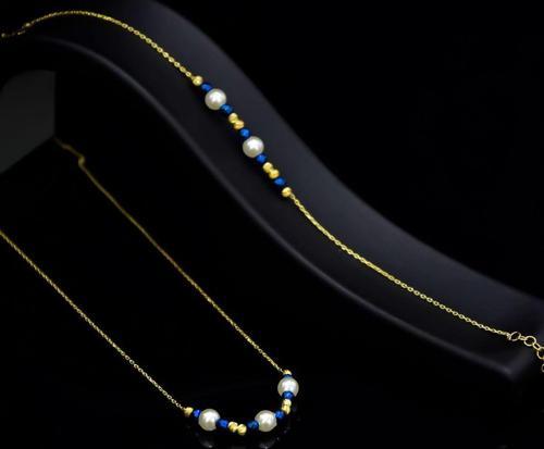 925 Ayar Gümüş Gold Kaplama Üç Inci , Lacivert Kare Boncuklu Set