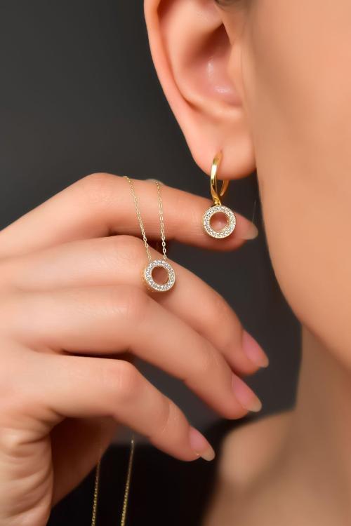 925 Ayar Gümüş Gold Kaplama Yuvarlak Kolye Ve Küpe Set