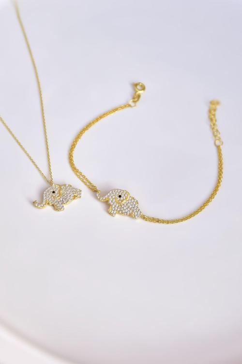 925 Ayar Gümüş Gold Kaplama Zirkon Taşlı Fil Kolye Ve Bileklik Set