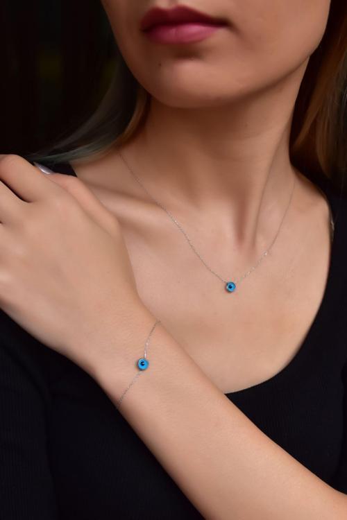 925 Ayar Gümüş Rodyum Kaplama Cam Göz Kolye Ve Bileklik Set
