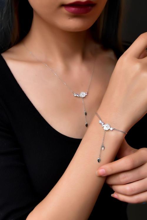925 Ayar Gümüş Rodyum Kaplama Kardelen Çiçeği Kolye Bileklik Set