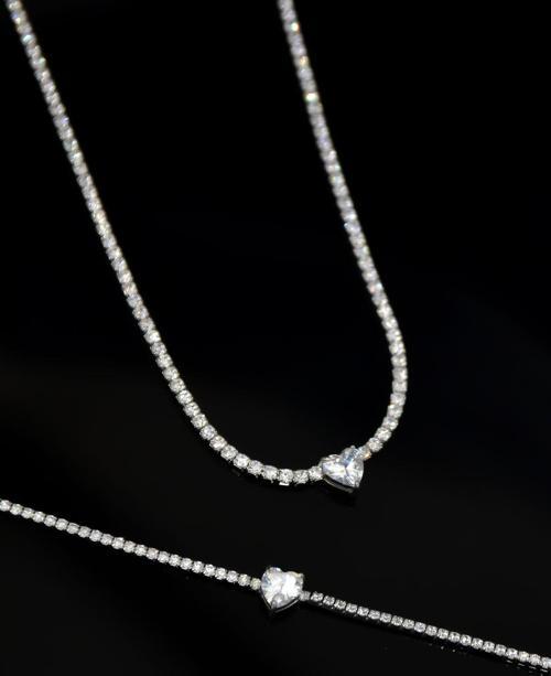 925 Ayar Gümüş Rodyum Kaplama Zirkon Taşlı Su Yolu, Tek Taş Kalp Kolye Ve Bileklik Set