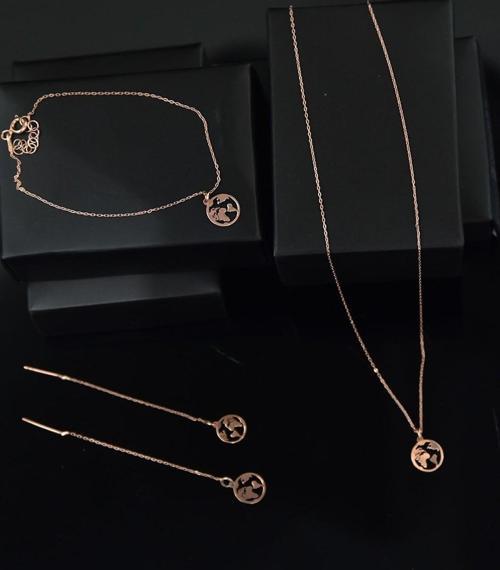 925 Ayar Gümüş Rose Kaplama Dünya Kolye Küpe Bileklik Set