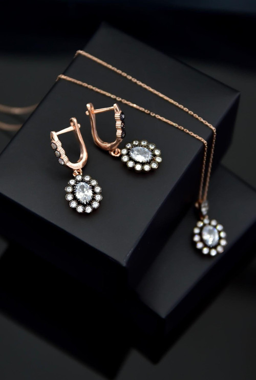 925 Ayar Gümüş Rose Kaplama Elmas Montür Oval Set