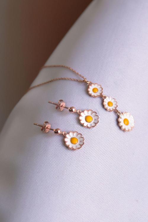 925 Ayar Gümüş Rose Kaplama Mineli Papatya Küpe Kolye Set