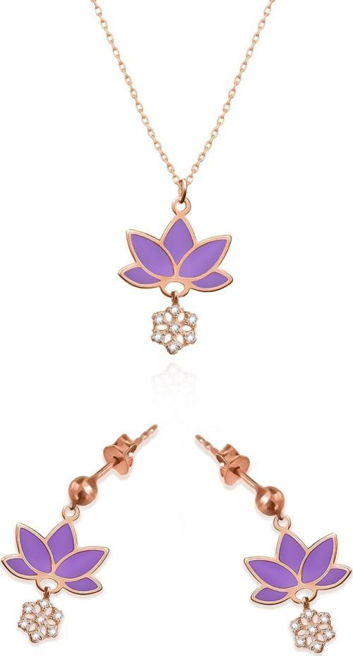 925 Ayar Gümüş Rose Kaplama Parlayan Rüya Serisi Tasarım Ebruli Mor Cam Boyalı Lotus Set