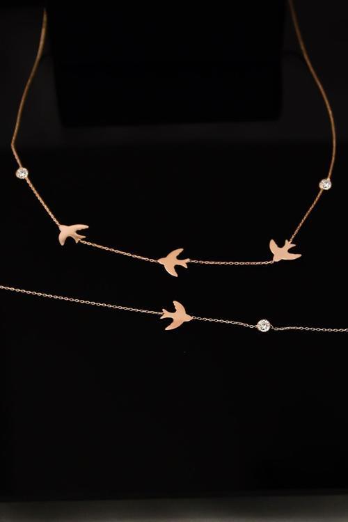 925 Ayar Gümüş Rose Kaplama Taşlı Kırlangıç Kolye Bileklik Set