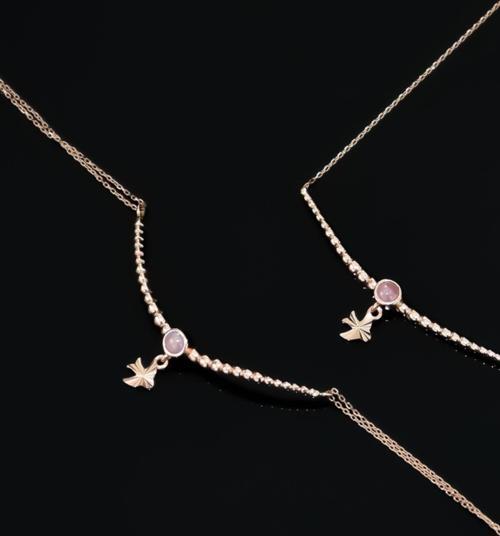 925 Ayar Gümüş Rose Kaplama Top Motifli Pembe Ay Taşı Kırlangıç Kolye Ve Bileklik Set