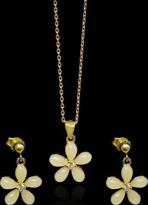 925 Ayar Gümüş Gold Kaplama Ay Taşı Yasemin Çiçeği Kolye Ve Küpe